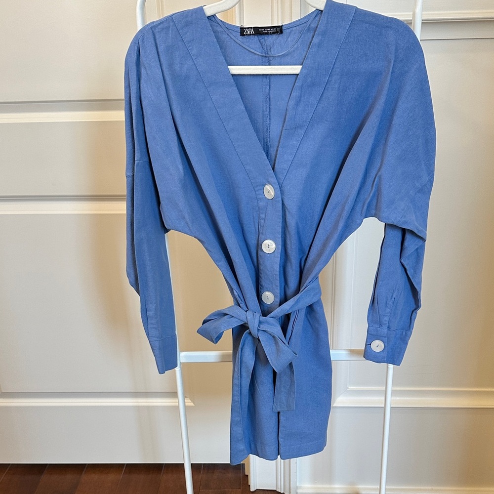 Zara Indigo Button-Up Belted Romper